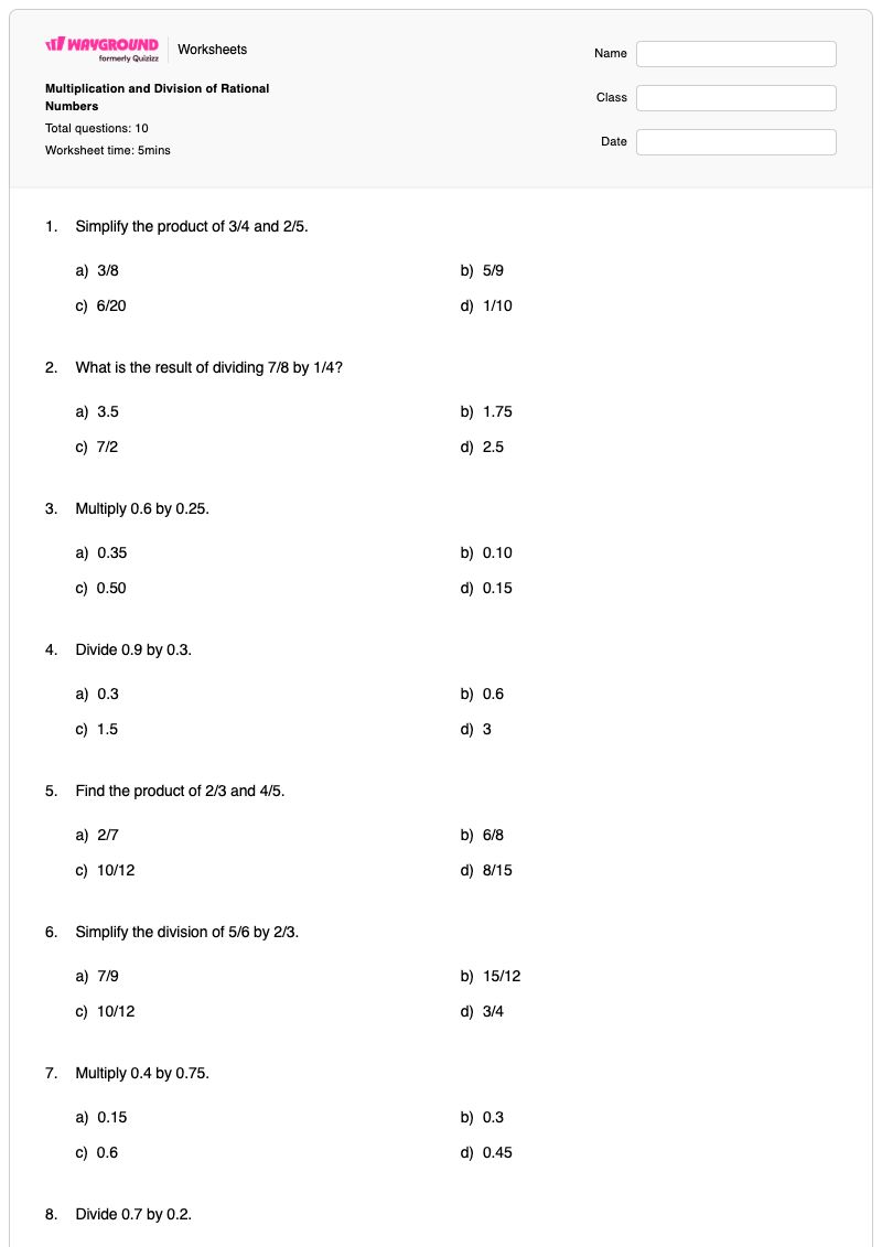 Multiplication and Division of Rational Numbers - Printable Division Worksheets - Wayground