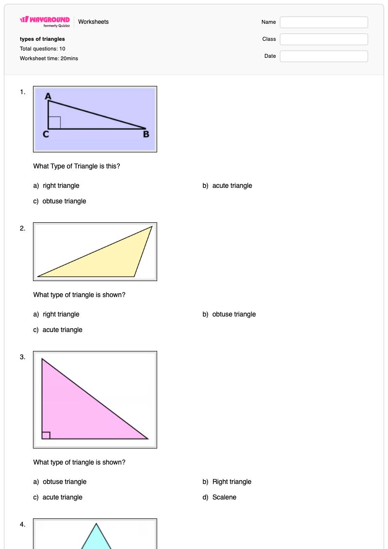 types of triangles - พิมพ์ได้ Angle-identification เวิร์กชีท ระดับ 3 - Wayground