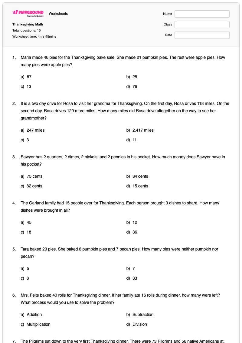 Thanksgiving Math - พิมพ์ได้ คณิตศาสตร์การเงิน เวิร์กชีท ระดับ 3 - Wayground