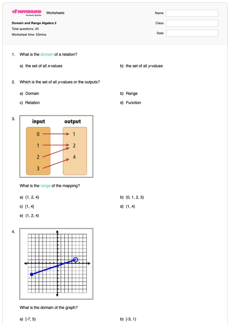 Domain and Range Algebra 2 - Printable Algebra-2 Worksheets - Wayground