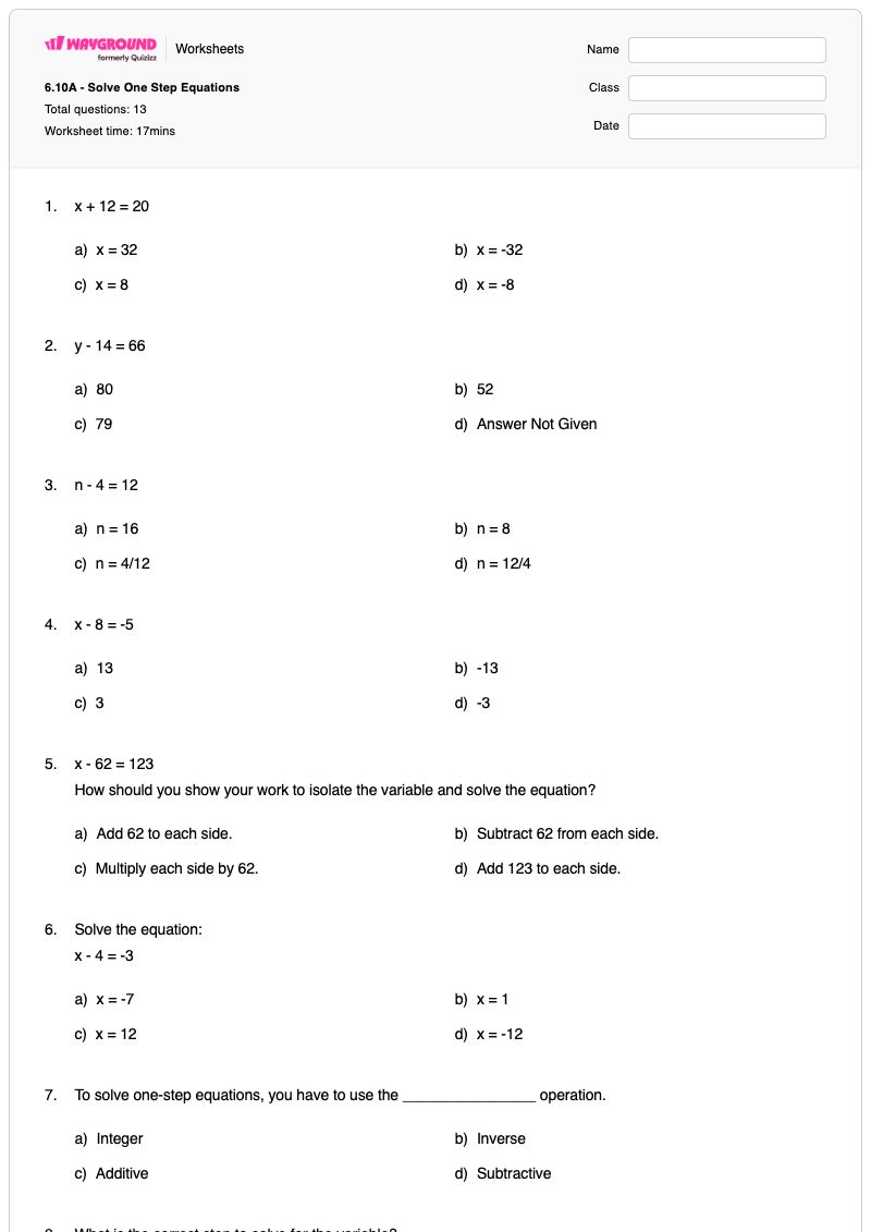 6.10A - Solve One Step Equations - พิมพ์ได้ สมการขั้นตอนเดียว เวิร์กชีท - Wayground