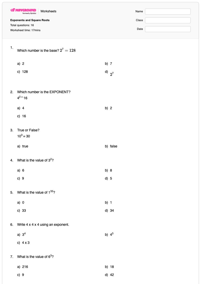 Exponents and Square Roots - พิมพ์ได้ วิธีตารางเพียร์สัน เวิร์กชีท ระดับ 6 - Wayground