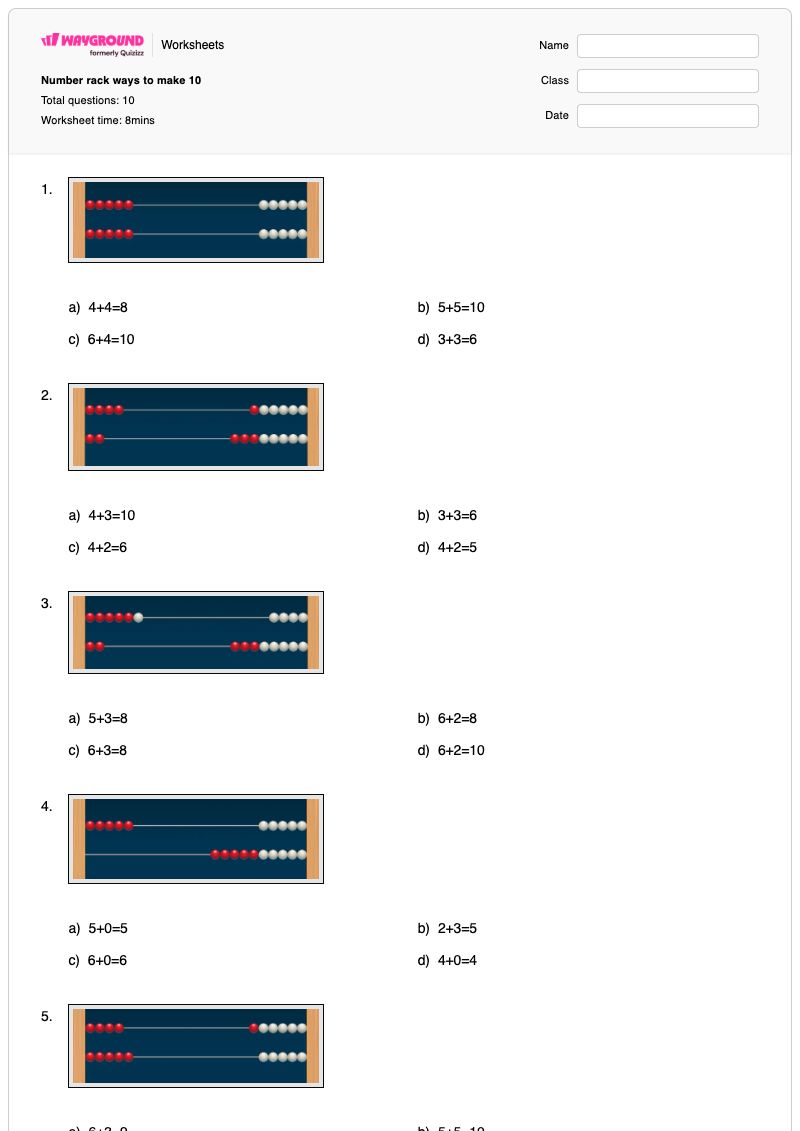 Number rack ways to make 10 - Printable Partners-for-10 Worksheets Grade 1 - Wayground