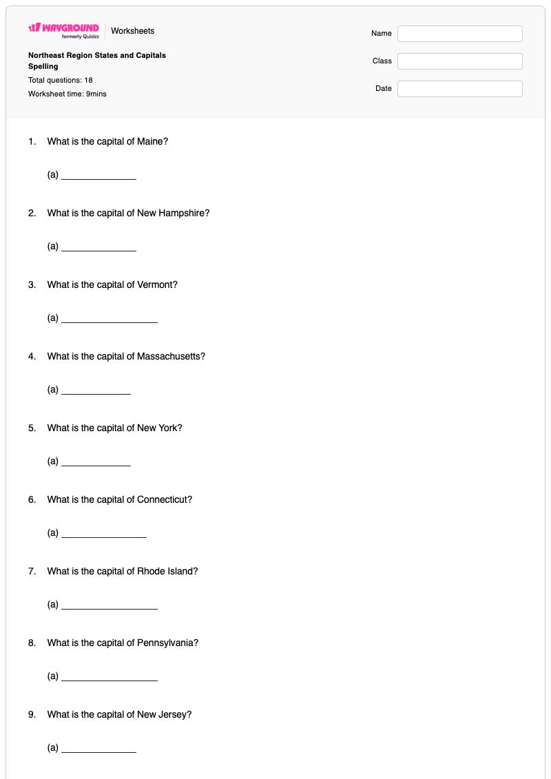 Northeast Region States and Capitals Spelling - Printable States-and-capitals Worksheets - Wayground