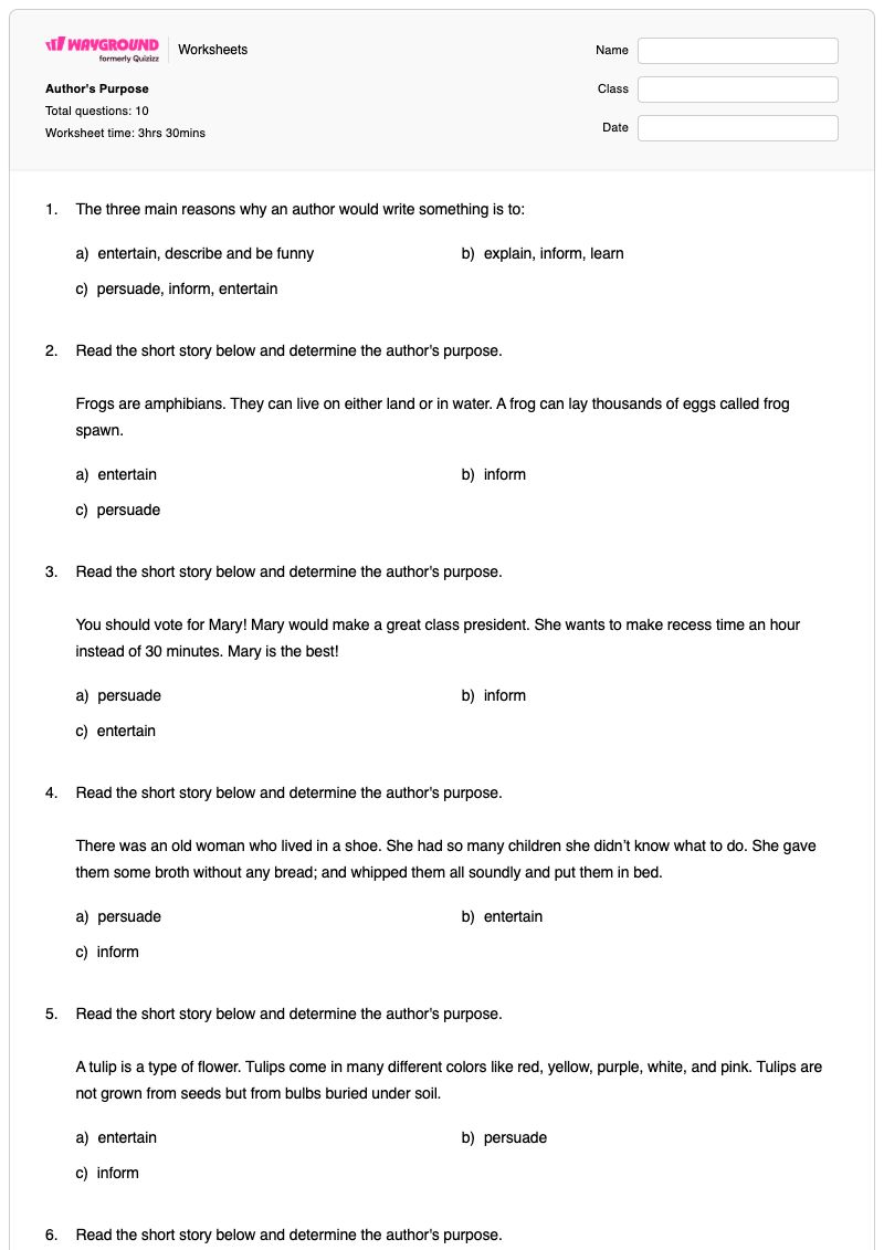 Author's Purpose - Printable Identifying-the-author-s-purpose Worksheets Class 5 - Wayground