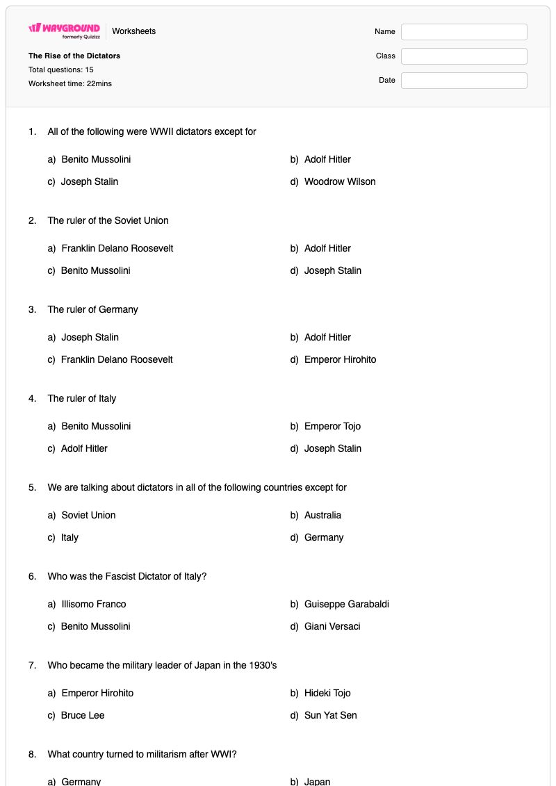 The Rise of the Dictators - Printable Power-to-a-power Worksheets - Wayground