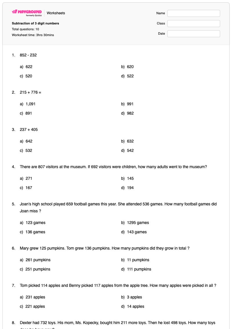 Subtraction of 3 digit numbers - Printable Subtraction Worksheets - Wayground