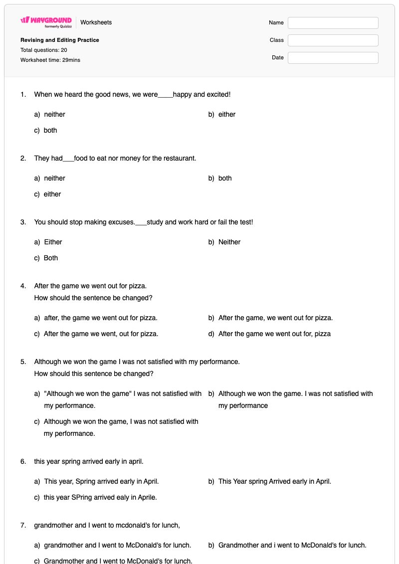 Revising and Editing Practice  - Printable Revising-sentences Worksheets Year 3 - Wayground