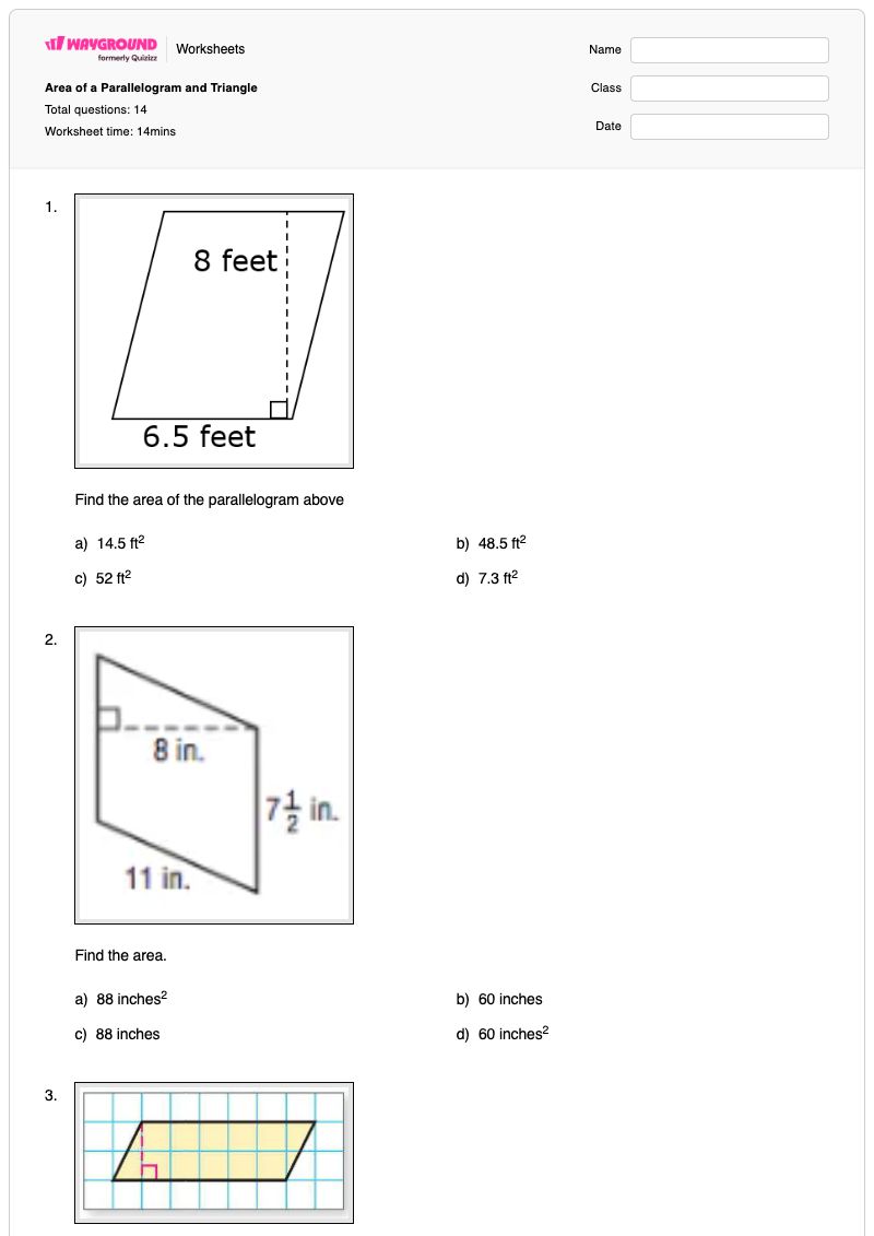 Area of a Parallelogram and Triangle - Printable Area-of-a-triangle Worksheets - Wayground