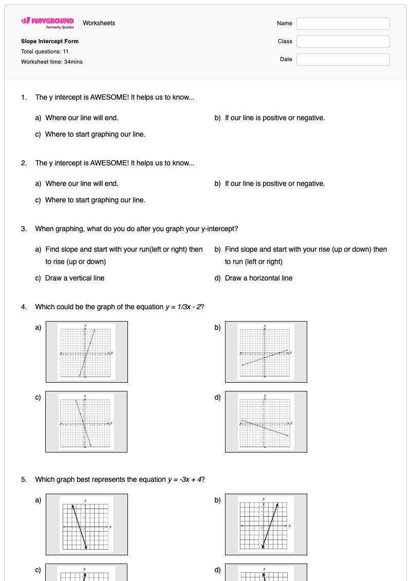 Slope Intercept Form - พิมพ์ได้ รูปแบบความชัน-จุดตัดแกน เวิร์กชีท - Wayground