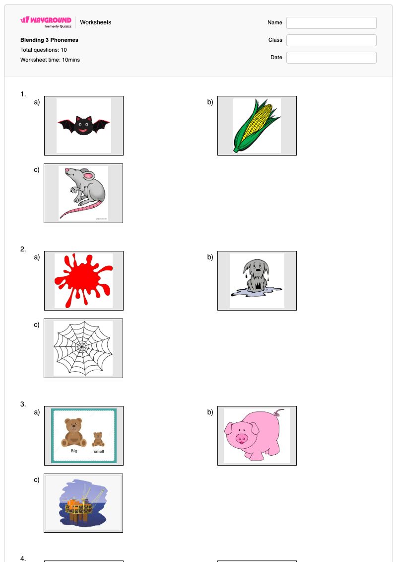 Blending 3 Phonemes - Printable Phoneme-blending Worksheets Year 1 - Wayground