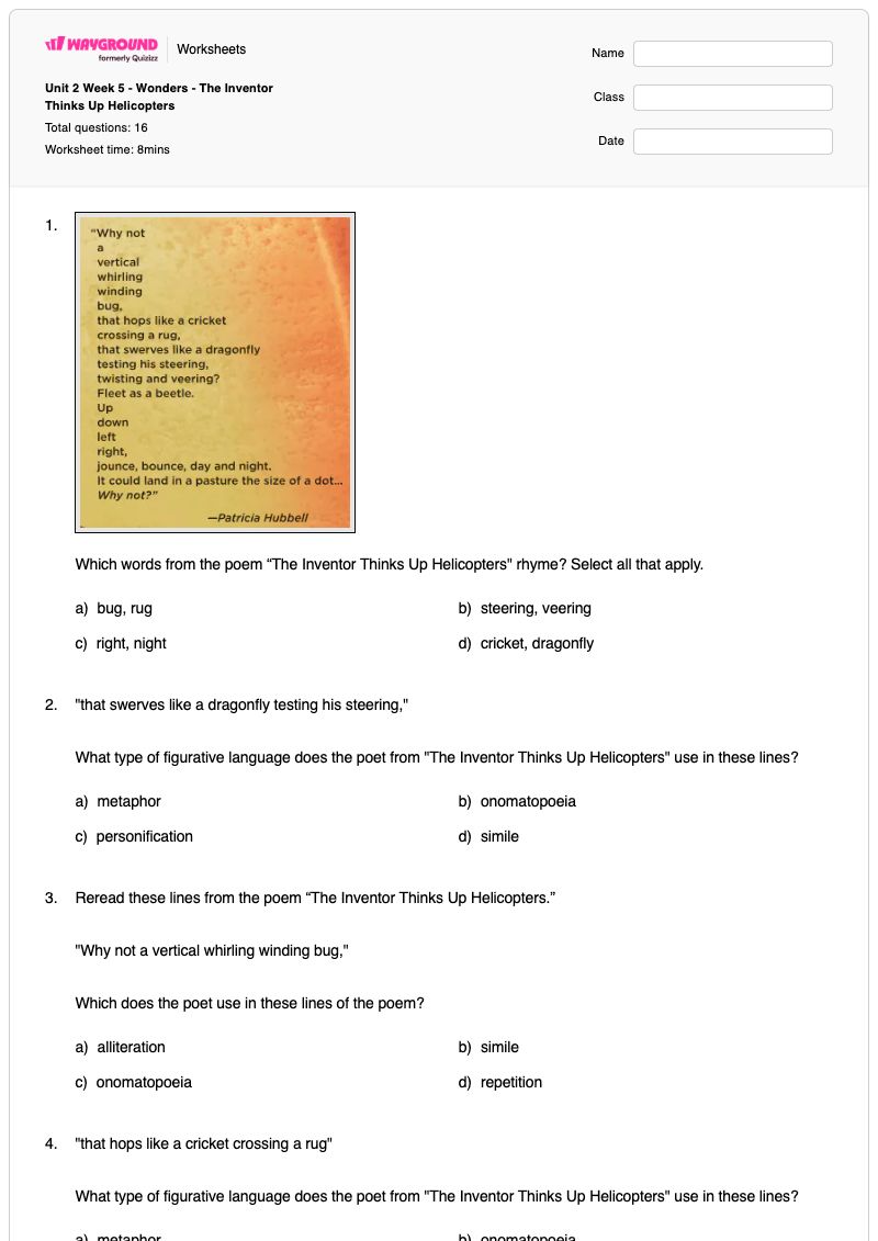 Unit 2 Week 5 - Wonders - The Inventor Thinks Up Helicopters - Printable Analyzing-point-of-view Worksheets Class 3 - Wayground
