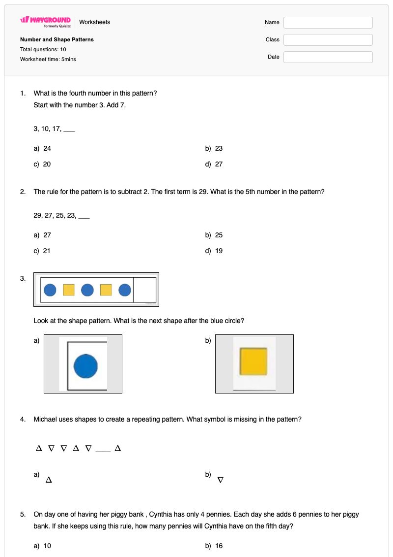 Number and Shape Patterns - พิมพ์ได้ รูปแบบรูปทรง เวิร์กชีท ระดับ 4 - Wayground