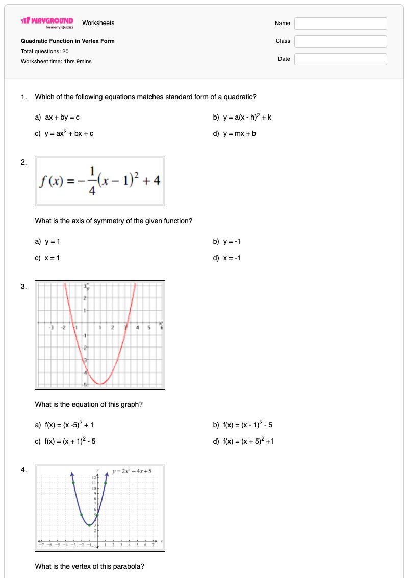 Quadratic Function in Vertex Form - พิมพ์ได้ Vertex-form เวิร์กชีท - Wayground