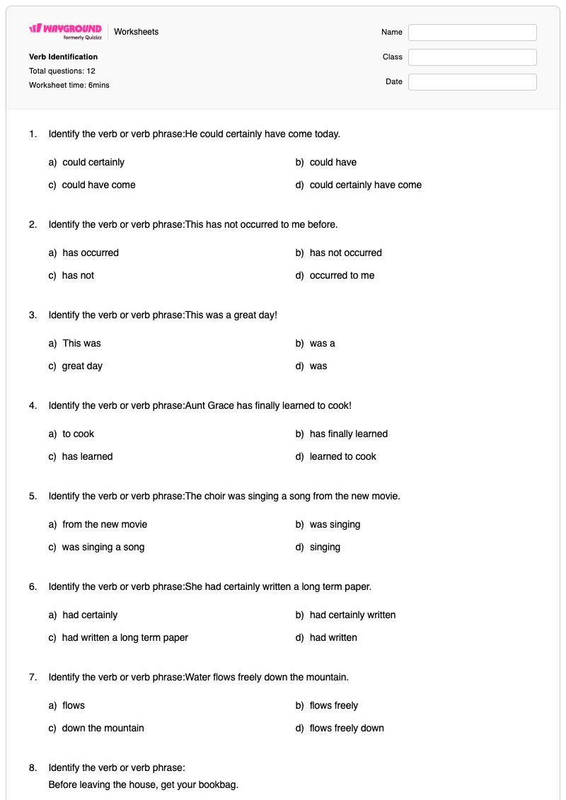 Verb Identification - Printable Verb-identification Worksheets Year 10 - Wayground