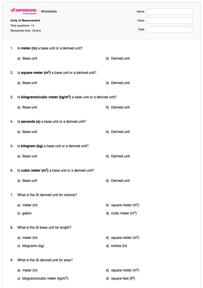 Units of Measurement - Printable Science Worksheets Class 10 - Wayground