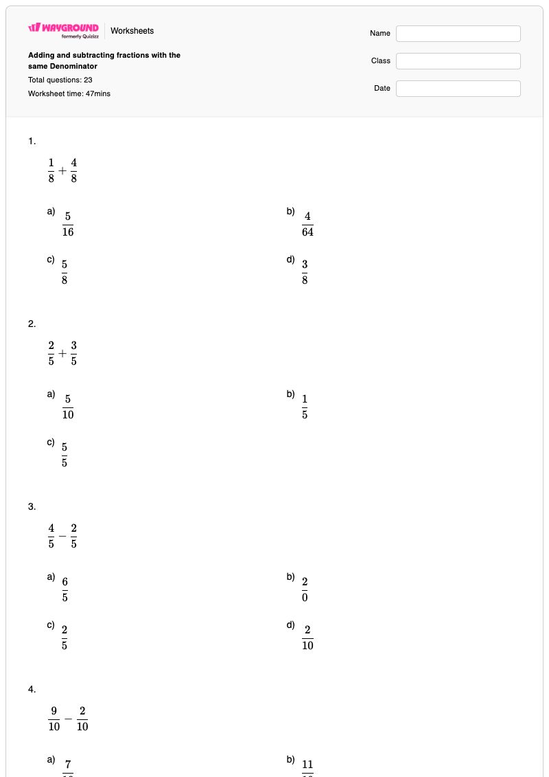 Adding and subtracting fractions with the same Denominator - Printable Subtracting-fractions Worksheets - Wayground
