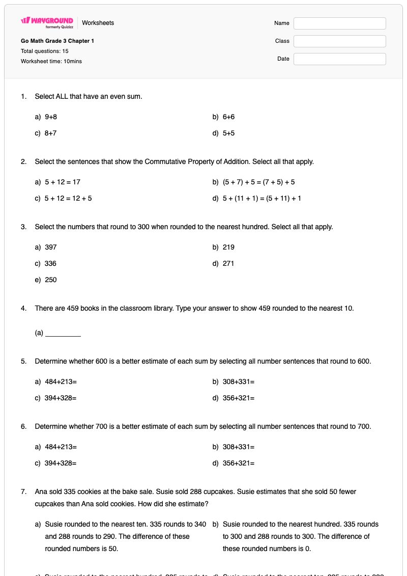 Go Math Grade 3 Chapter 1 - Printable Number-sentences Worksheets Year 3 - Wayground