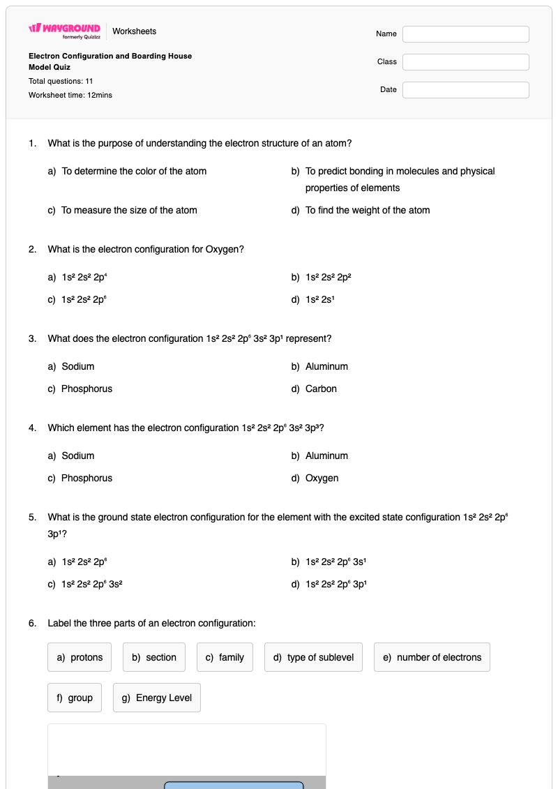 Electron Configuration and Boarding House Model Quiz - พิมพ์ได้ การกำหนดค่าอิเล็กตรอน เวิร์กชีท - Wayground