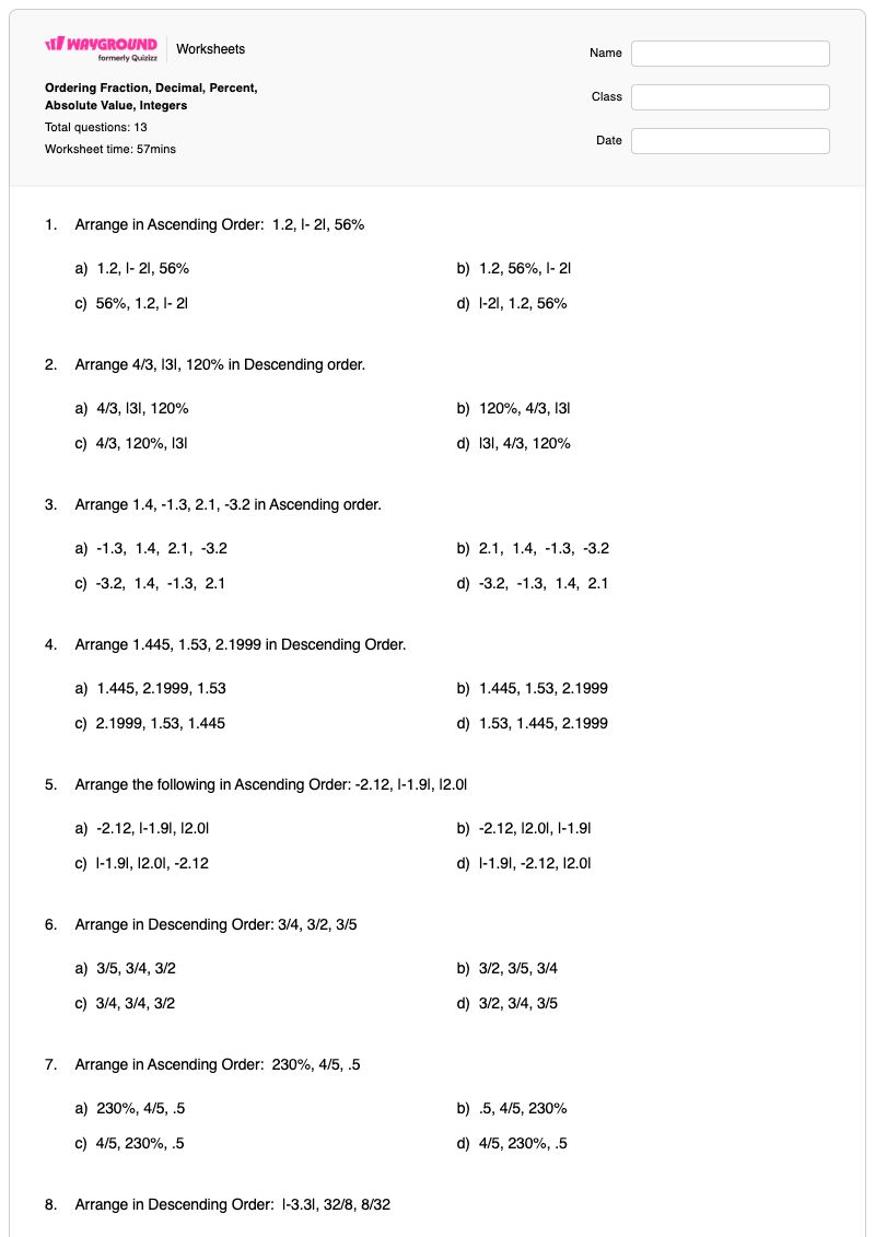 Ordering Fraction, Decimal, Percent, Absolute Value, Integers - พิมพ์ได้ การเรียงลำดับทศนิยม เวิร์กชีท - Wayground