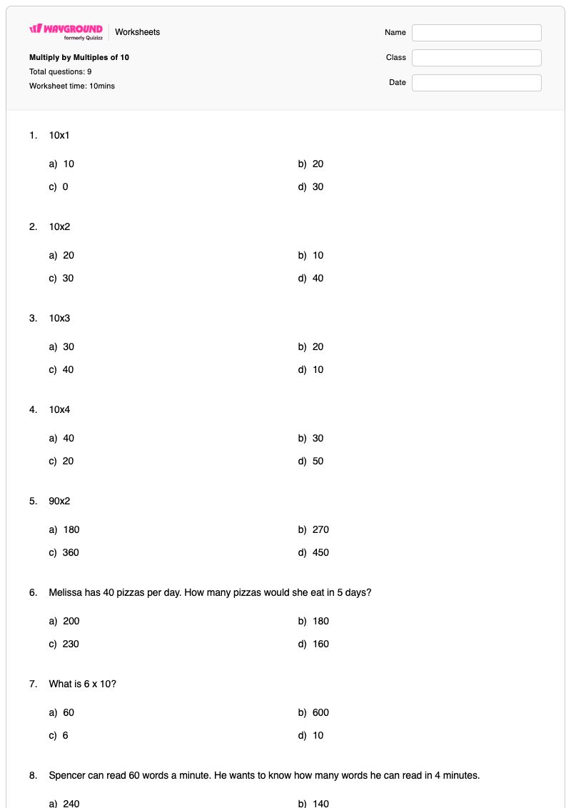 Multiply by Multiples of 10 - Printable Multiples-of-10 Worksheets - Wayground