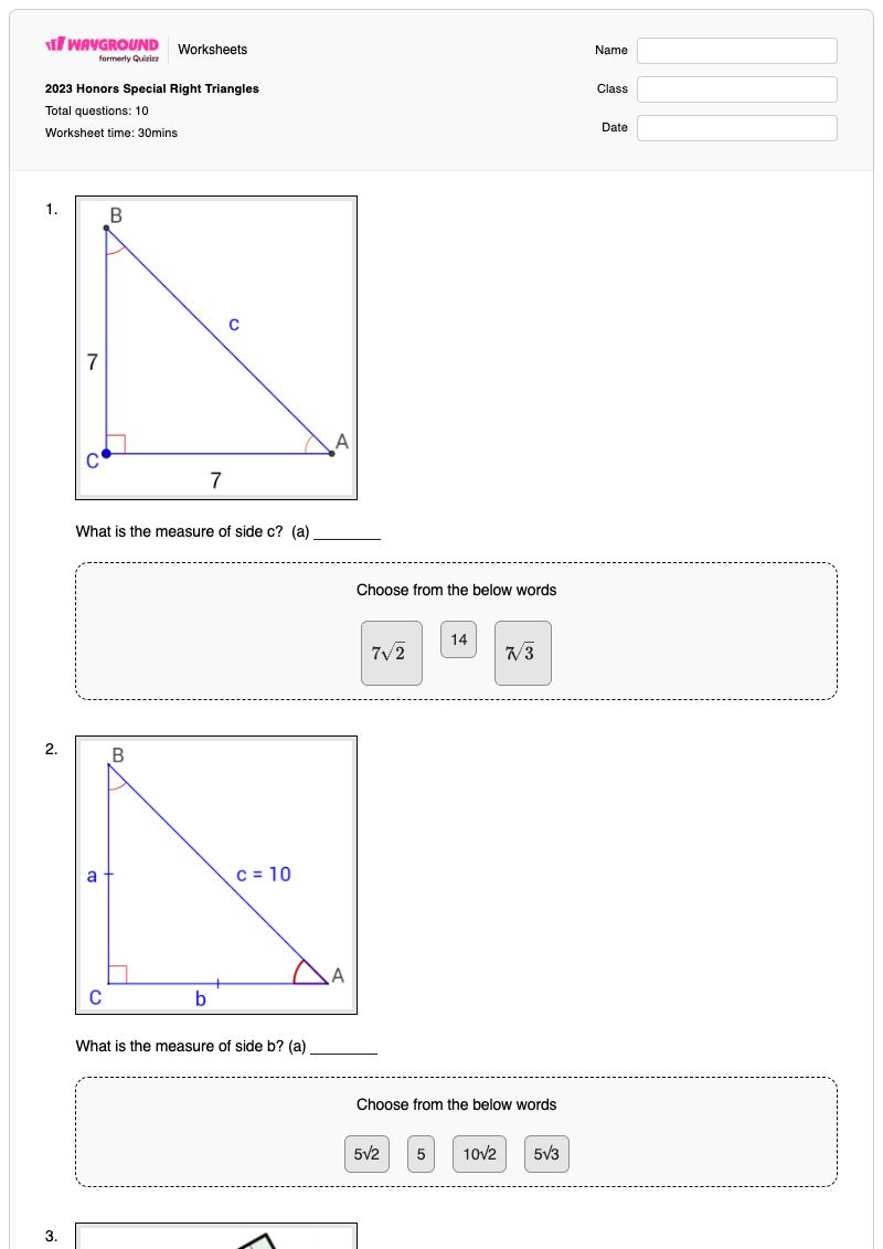 2023 Honors Special Right Triangles - พิมพ์ได้ Triangle-special-segments เวิร์กชีท - Wayground