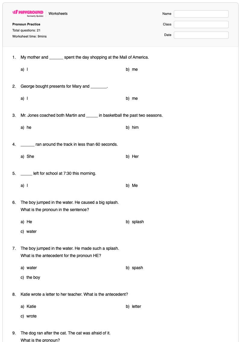 Pronoun Practice - พิมพ์ได้ Subject-and-object เวิร์กชีท - Wayground