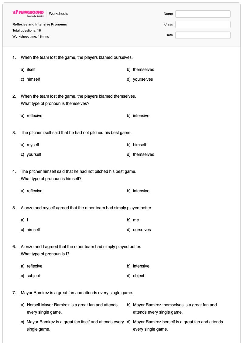 Reflexive and Intensive Pronouns - Printable Reflexive-pronouns Worksheets - Wayground