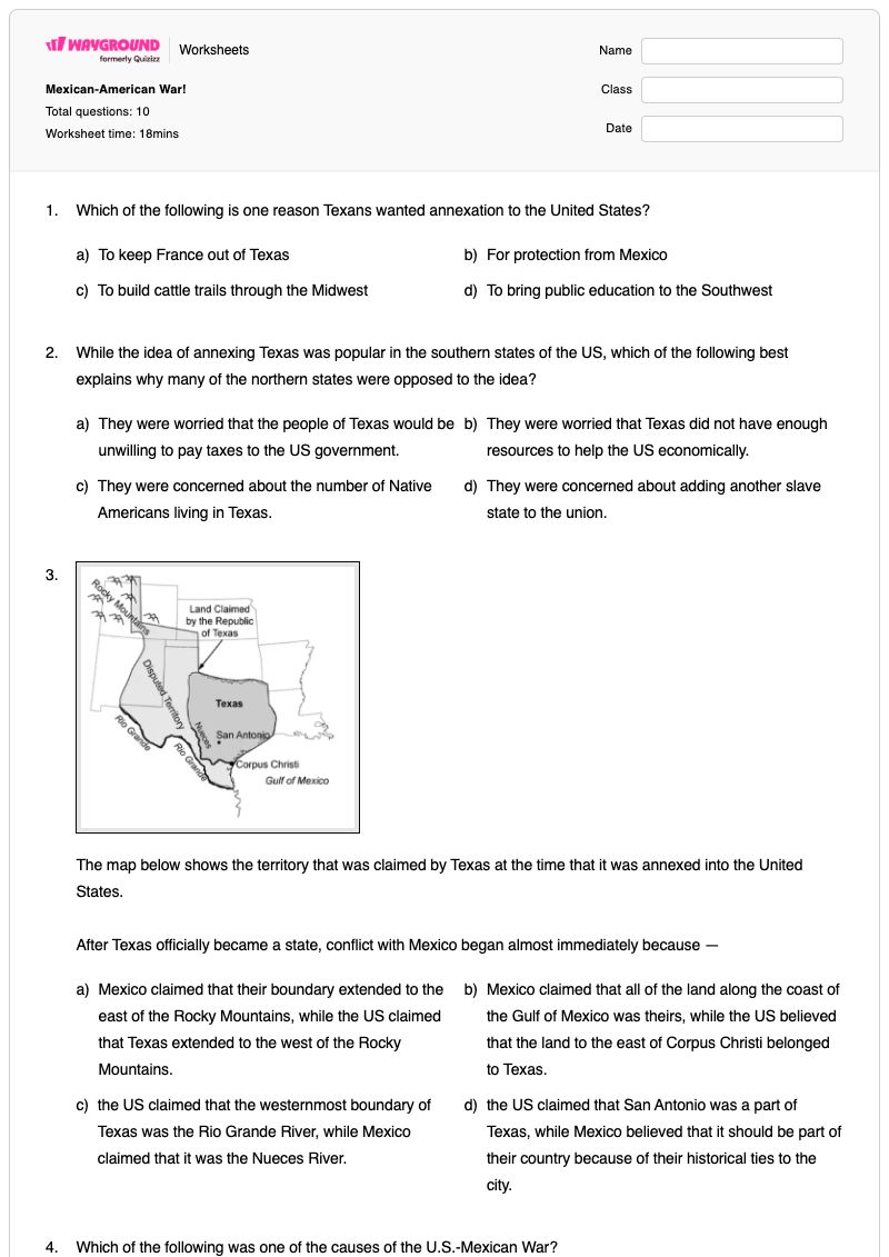 Mexican-American War! - Printable Mexican-american-war Worksheets - Wayground