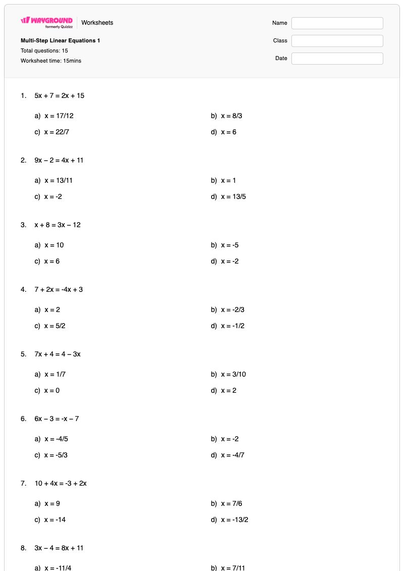 Multi-Step Linear Equations 1 - พิมพ์ได้ สมการหลายขั้นตอน เวิร์กชีท - Wayground
