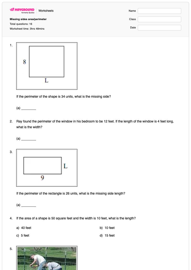 Missing sides area/perimeter - พิมพ์ได้ Finding-missing-factors เวิร์กชีท ระดับ 4 - Wayground