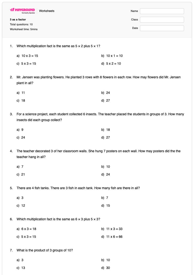 3 as a factor - Printable Class 3 Worksheets - Wayground