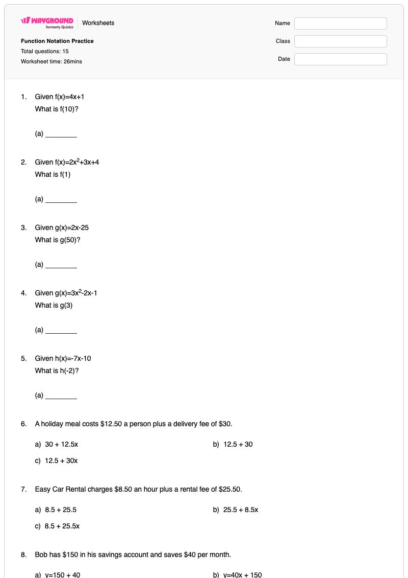 Function Notation Practice  - พิมพ์ได้ Function-characteristics เวิร์กชีท - Wayground