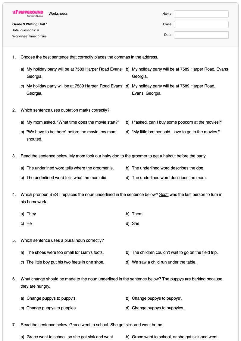 Grade 3 Writing Unit 1 - พิมพ์ได้ เครื่องหมายวรรคตอน เวิร์กชีท ระดับ 3 - Wayground