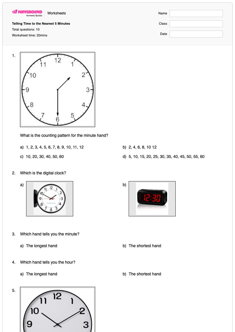 Telling Time to the Nearest 5 Minutes - Printable Time Worksheets - Wayground