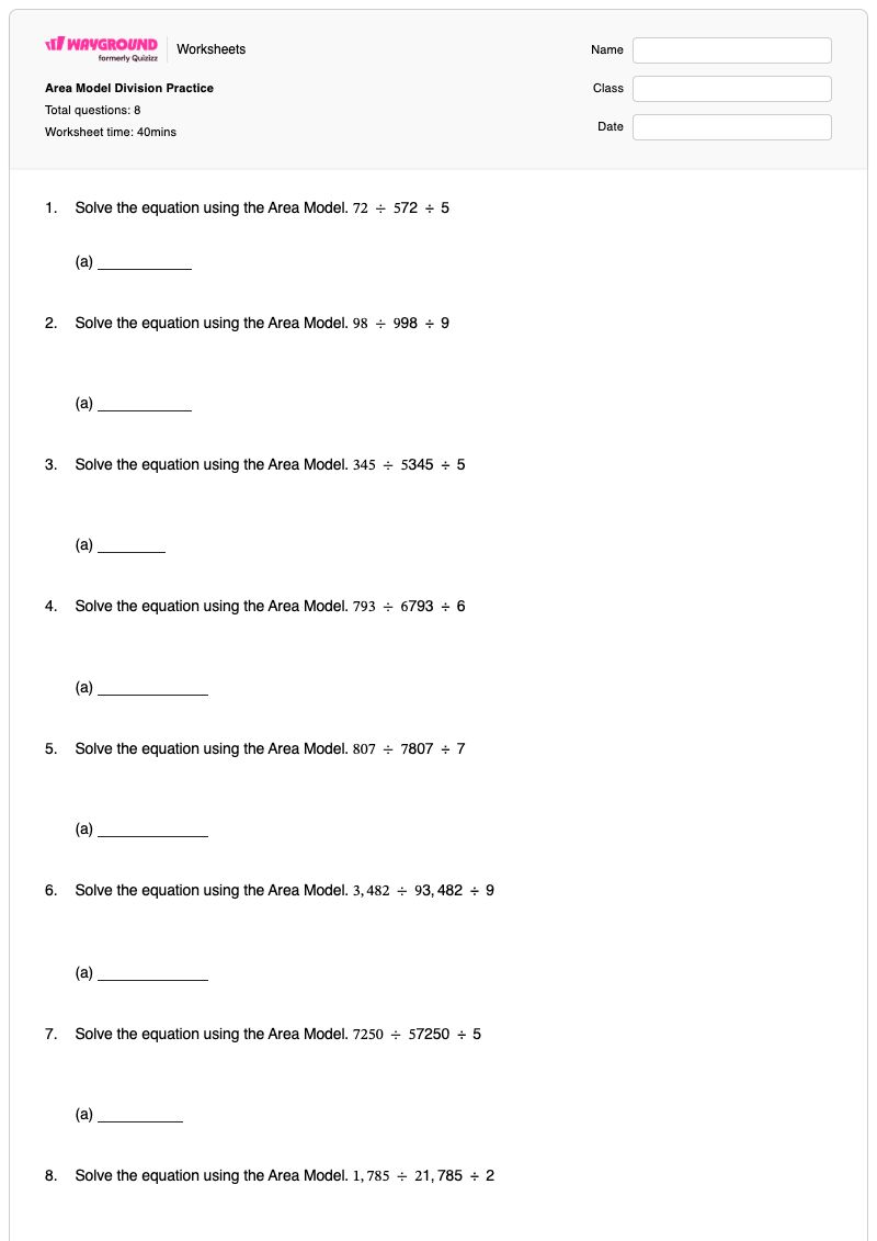 Area Model Division Practice - Printable Division Worksheets - Wayground