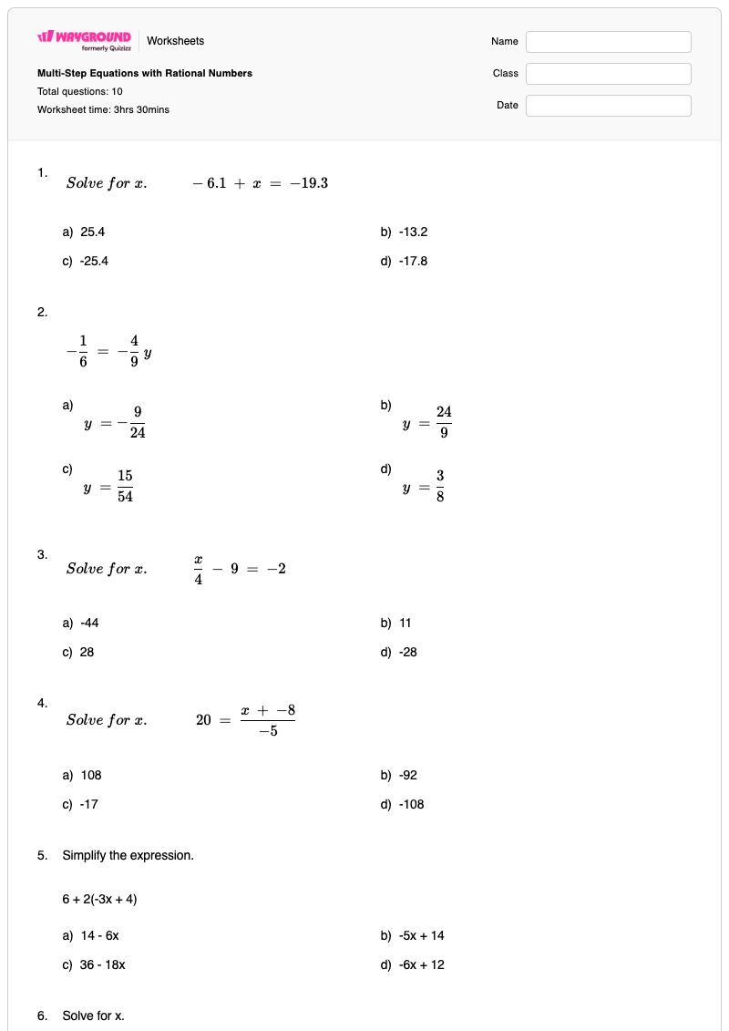 Multi-Step Equations with Rational Numbers - พิมพ์ได้ สมการหลายขั้นตอน เวิร์กชีท - Wayground