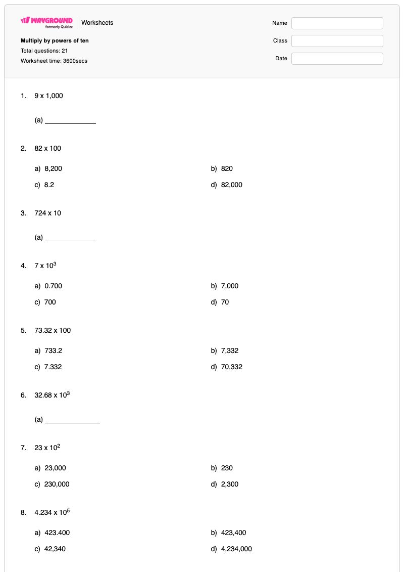 Multiply by powers of ten - Printable Powers-of-ten Worksheets Grade 5 - Wayground