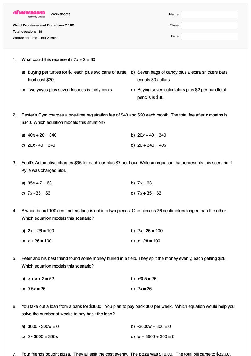 Word Problems and Equations 7.10C - พิมพ์ได้ System-of-equations-word-problems เวิร์กชีท ระดับ 7 - Wayground