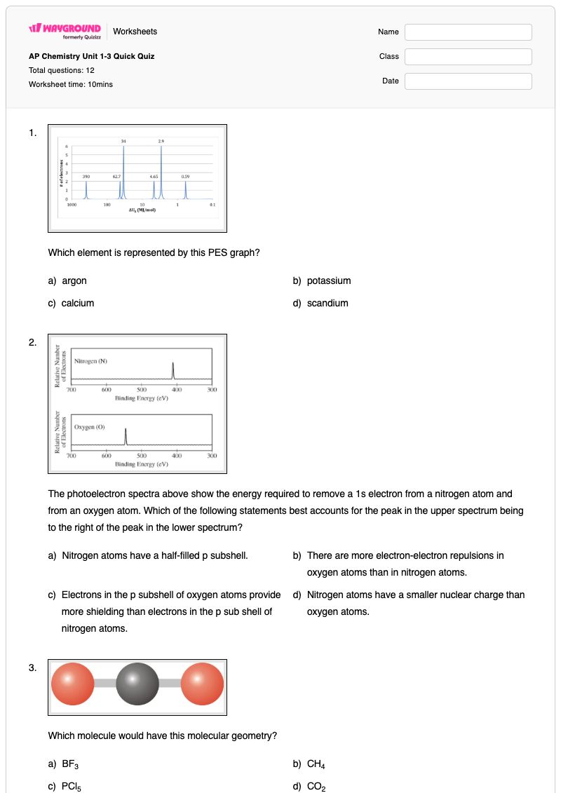 AP Chemistry Unit 1-3 Quick Quiz - Printable Chemistry Worksheets - Wayground
