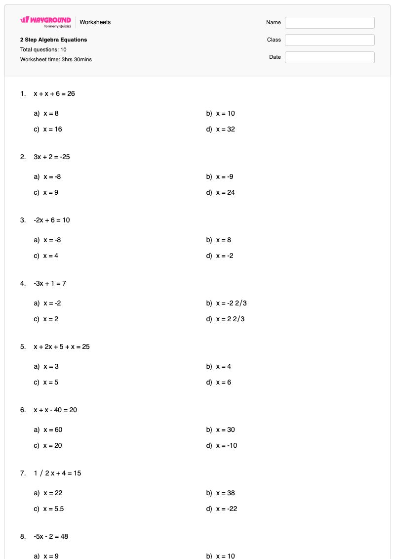 2 Step Algebra Equations - Printable Algebra-2 Worksheets - Wayground
