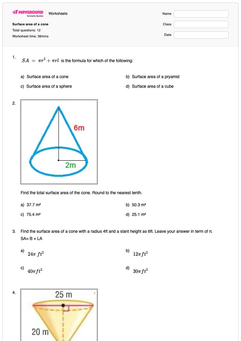 Surface area of a cone - พิมพ์ได้ รหัสไบนารี เวิร์กชีท ระดับ 8 - Wayground