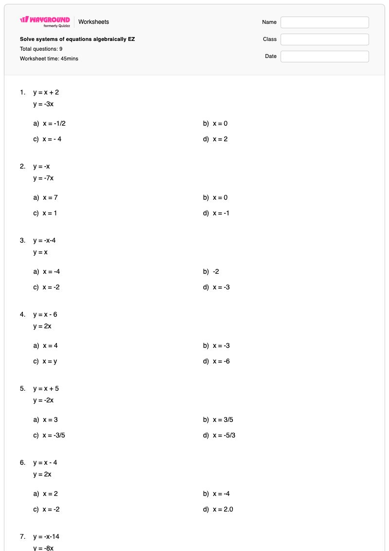 Solve systems of equations algebraically EZ - Printable Systems-of-equations Worksheets - Wayground