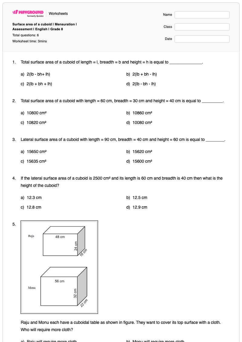Surface area of a cuboid | Mensuration | Assessment | English | Grade 8 - พิมพ์ได้ Cuboids เวิร์กชีท โรงเรียนอนุบาล - Wayground