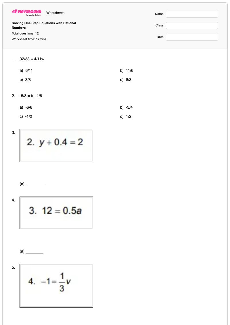 Solving One Step Equations with Rational Numbers - พิมพ์ได้ สมการขั้นตอนเดียว เวิร์กชีท - Wayground