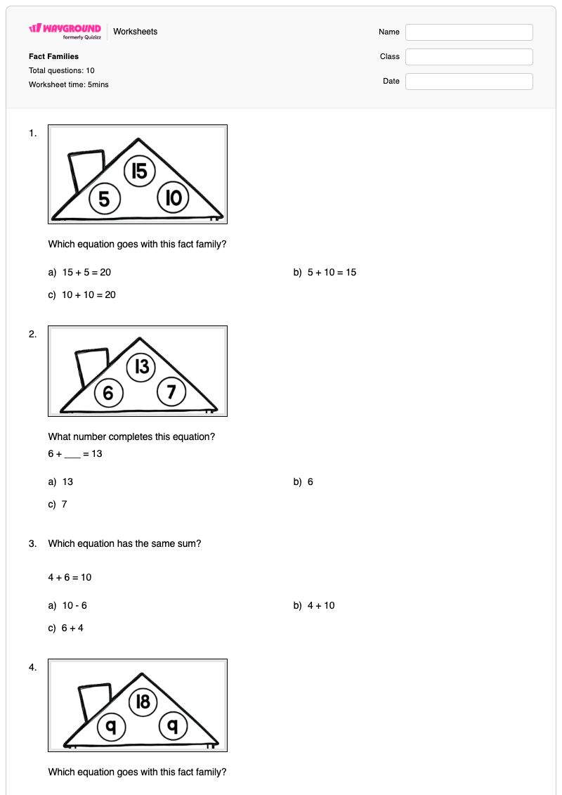 Fact Families - Printable Number-families Worksheets Class 1 - Wayground