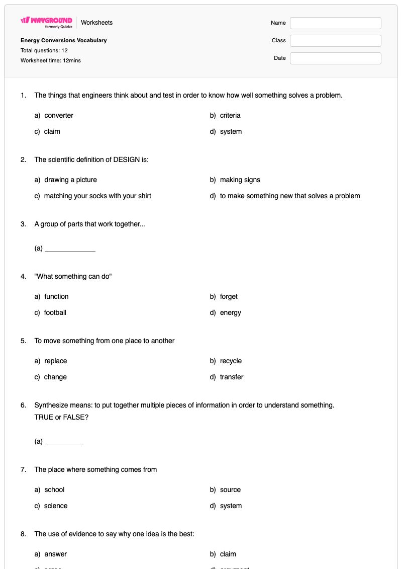 Energy Conversions Vocabulary - Printable Energy-conversions Worksheets Year 4 - Wayground