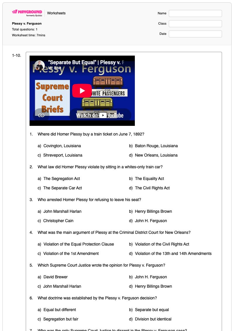 Plessy v. Ferguson - Printable Plessy-v-ferguson Worksheets Year 7 - Wayground