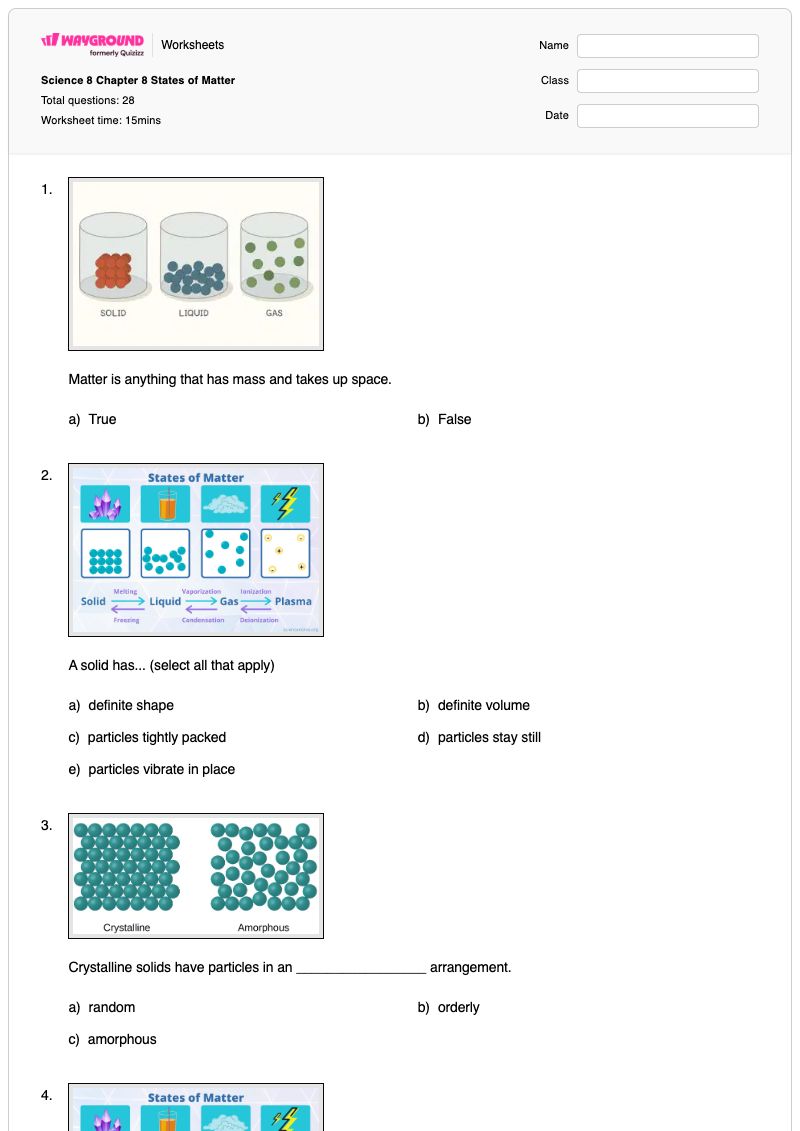Science 8 Chapter 8 States of Matter - Printable States-of-matter Worksheets - Wayground