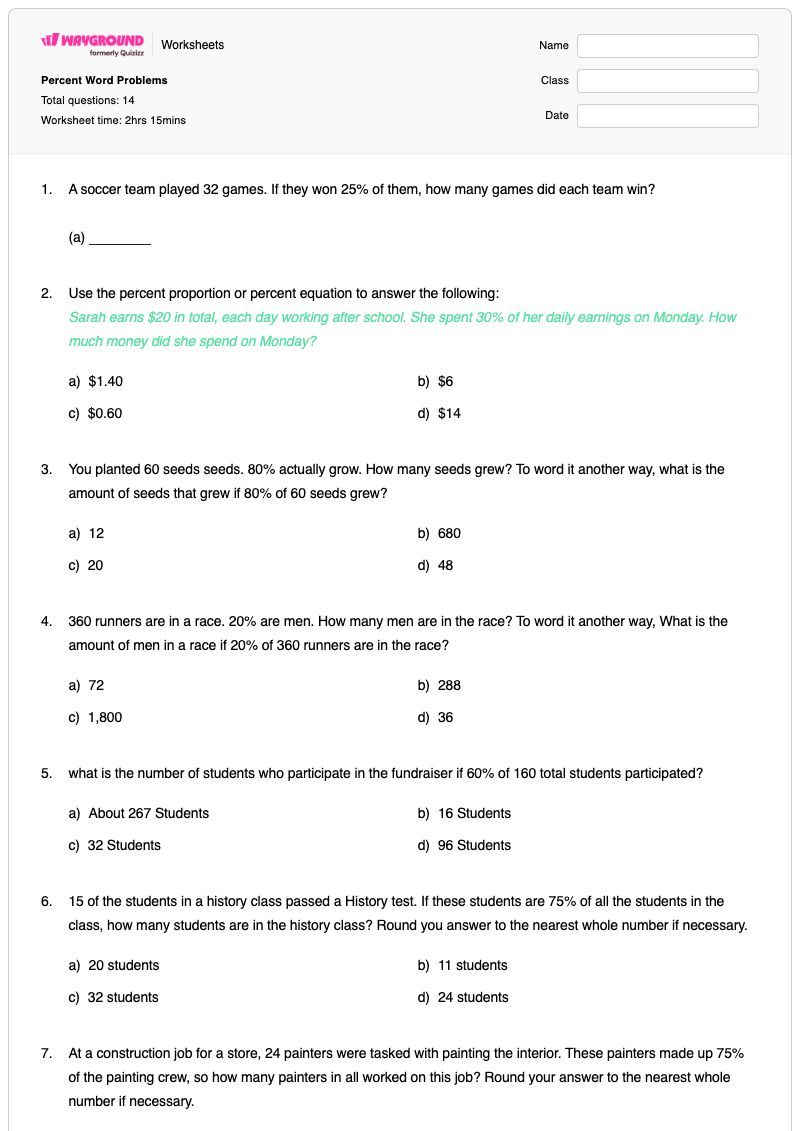 Percent Word Problems - Printable Percentage-story-problems Worksheets Class 6 - Wayground